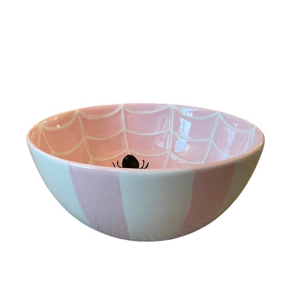 Pink & White Striped Spider Web Candy Bowl 10" Ceramic Chic Halloween Decor NEW - Picture 5 of 15
